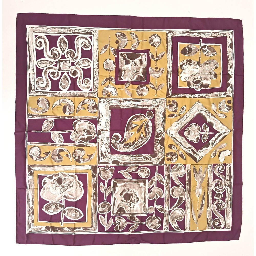VTG 100% Silk Scarf Made Italy Plum/Gold/Gray Floral Block Print Rolled Edge 34"
